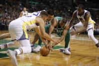 Nov 16, 2017; Boston, MA, USA; Boston Celtics forward Al Horford (42) works for the ball against Golden State Warriors guard Stephen Curry (30), center Zaza Pachulia (27) and forward Kevin Durant (35) in the second half at TD Garden. Mandatory Credit: David Butler II-USA TODAY Sports