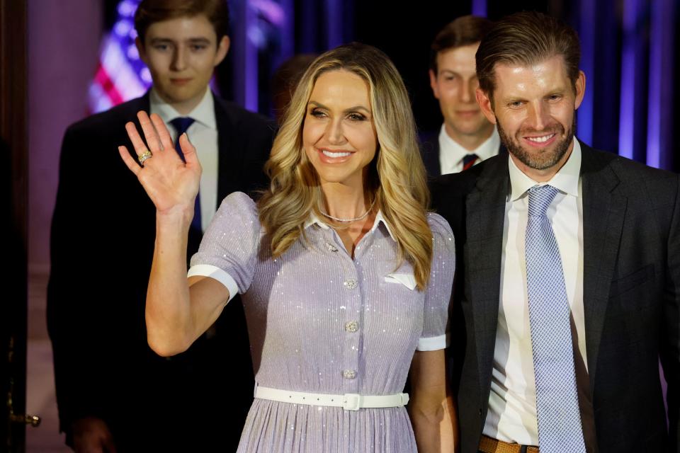 Lara Trump waves at Donald Trump's 2024 campaign announcement