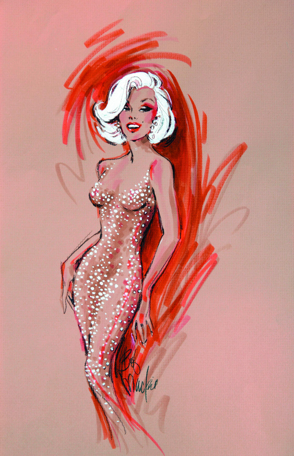 Bob Mackie sketch for Jean Louis dress worn by Marilyn Monroe. “The Art of Bob Mackie” (Simon & Schuster) - Credit: Courtesy of Bob Mackie