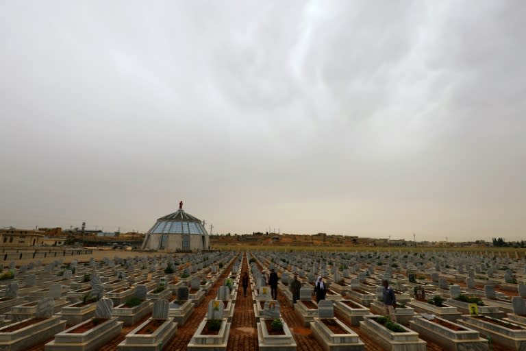 Hundreds of identical tombs are arranged in rows at the Martyrs' Ceremony in the Syrian Kurdish town of Kobane