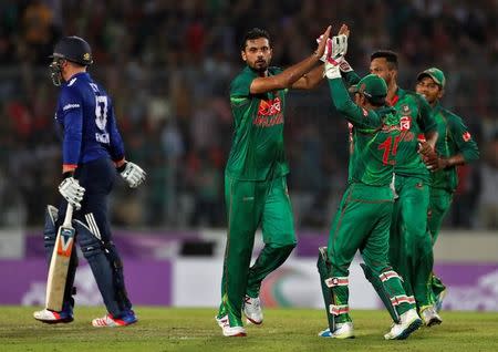 Cricket - England v Bangladesh - Second One Day International - Sher-e-Bangla Stadium, Dhaka, Bangladesh - 09/10/16. England's Jason Roy is bowled lbw by Mashrafe Mortaza. REUTERS/Cathal McNaughton