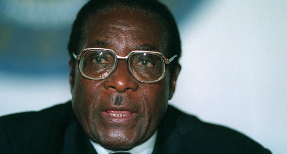 A headshot of Robert Mugabe speaking before his death. 