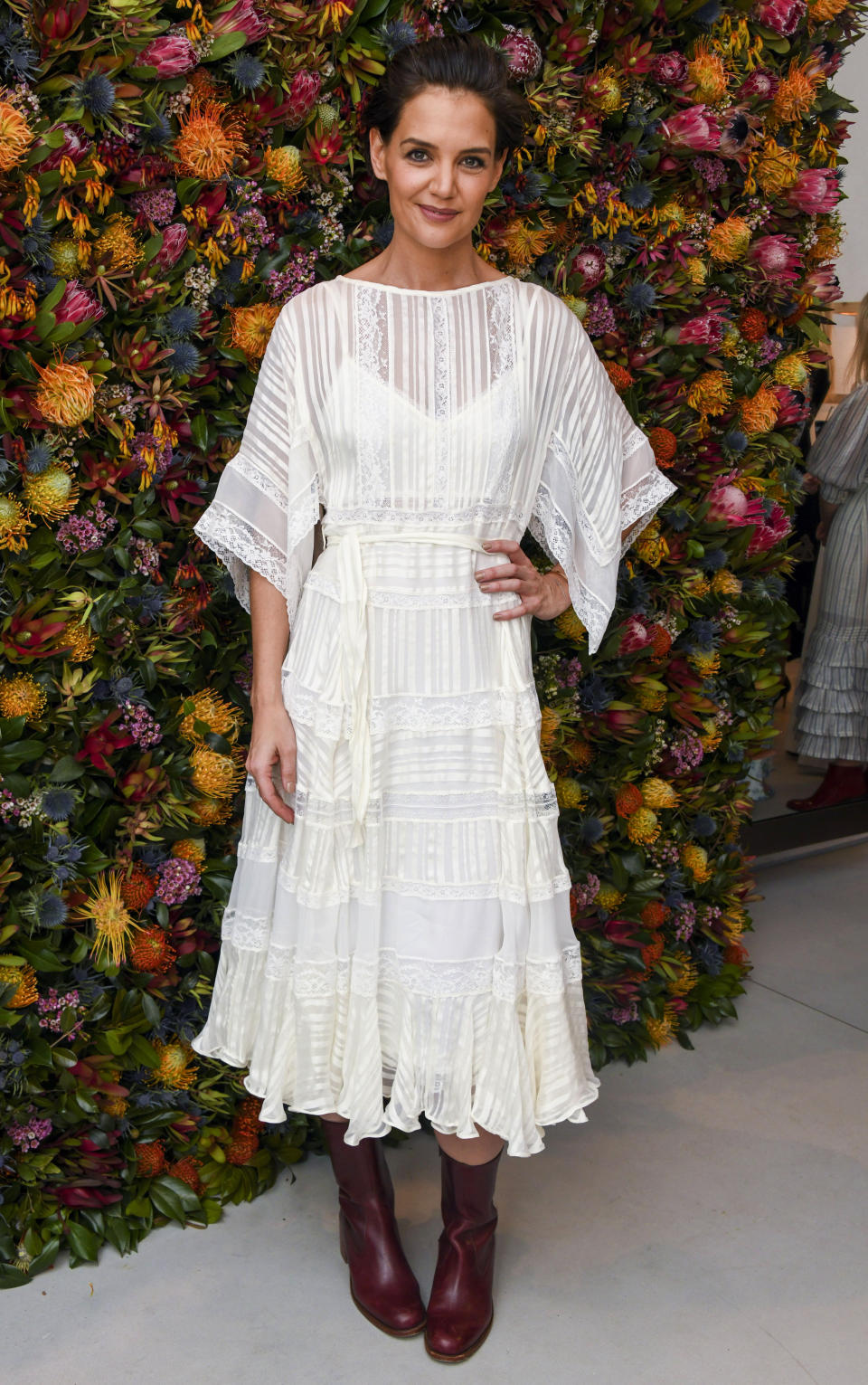 <p>The former ‘Dawson’s Creek’ star arrived in a white midi dress with wide sleeves. <em>[Photo: Rex]</em> </p>