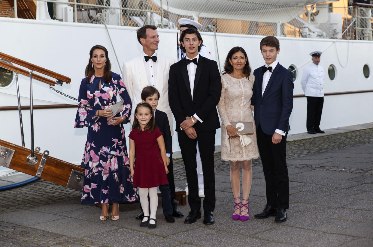 COPENHAGEN, DENMARK - AUGUST 28: Prince Joachim and Princess Marie together with their children and Jochim's former wife Alexandra Christina Manley at the dinner party to celebrate the 18th birthday of Prince Nokolai (R- 3rd) hosted by Queen Margrethe of Denmark on the royal ship Dannebrog at the quay next to Amalienborg on August 28, 2017 in Copenhagen, Denmark. Prince Nikolai is the son of Prince Joachim and his former wife Alexandra Christina Manley. Following this event Dannebrog leaves Copenhagen Tuesday for Bornholm in the Baltic Sea, where the Queen commence a three day visit.  (Photo by Ole Jensen - Corbis/Corbis via Getty Images)