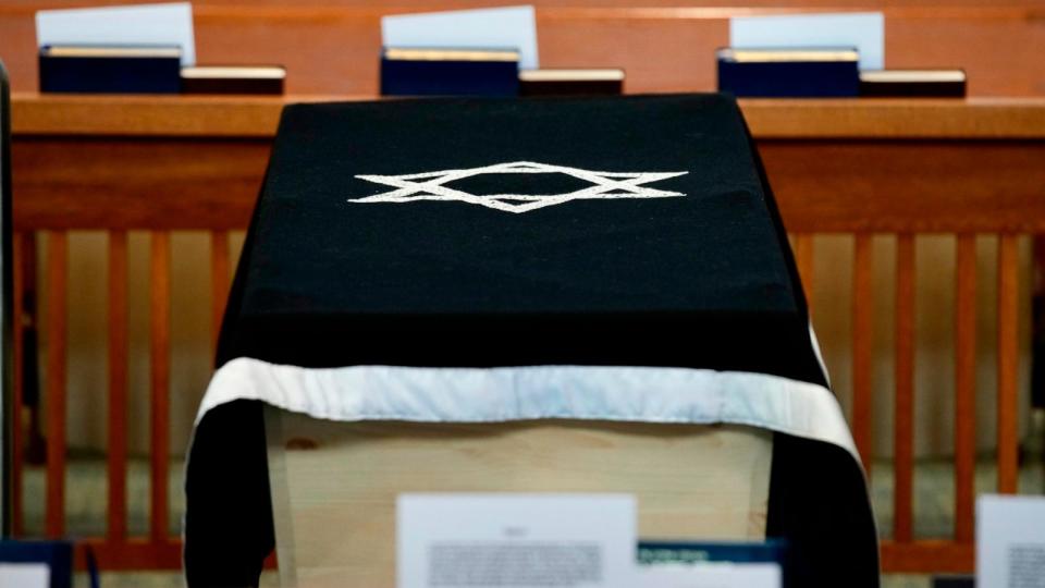 PHOTO: The casket of former Senator Joe Lieberman is shown in the sanctuary of Congregation Agudath Sholom, before his funeral in Stamford, Conn., March. 29, 2024.  (Bryan Woolston/AP)