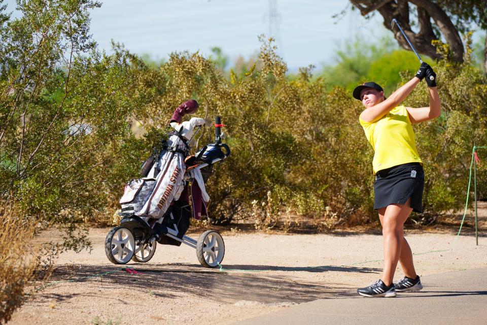 ASU freshman, Grace Summerhays uses a 7-iron to get out of the bushes at hole four of the NCAA women’s golf championship round three at Grayhawk Golf Club on May 22, 2022, in Scottsdale, AZ.