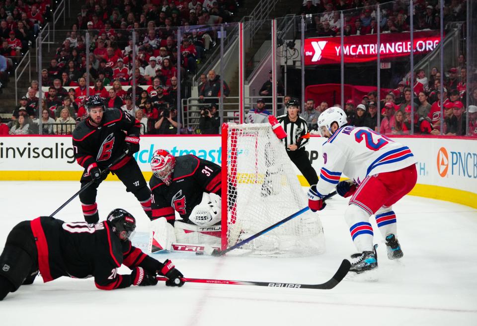 New York Rangers left wing Chris Kreider (20) during Game 6 of the second round of the 2024 Stanley Cup Playoffs at PNC Arena. Mandatory Credit: James Guillory-USA TODAY Sports