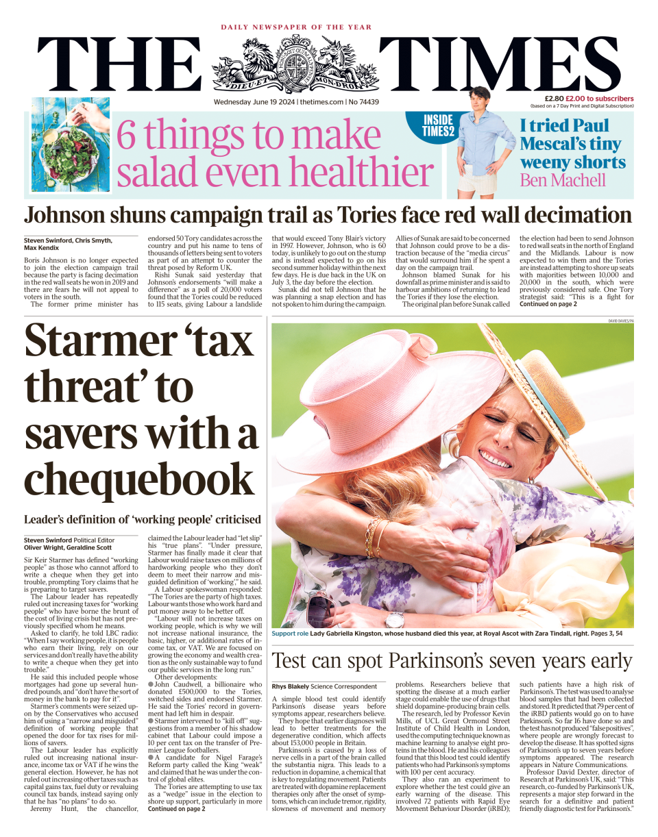 The front page of the Times, with the main headline reading "Starmer 'tax threat' to savers with a chequebook"