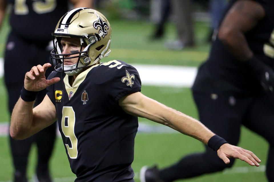 Drew Brees #9 of the New Orleans Saints looks on during their game against the San Francisco 49ers at Mercedes-Benz Superdome on November 15, 2020 in New Orleans, Louisiana. (Photo by Chris Graythen/Getty Images)