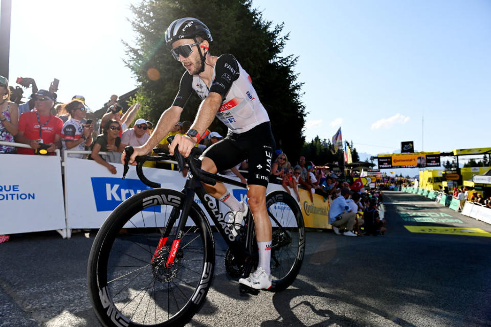 SAINTGERVAIS MONTBLANC FRANCE  JULY 16 Adam Yates of United Kingdom and UAE Team Emirates crosses the finish line during the stage fifteen of the 110th Tour de France 2023 a 179km stage from Les Gets les Portes du Soleil to SaintGervais MontBlanc 1379m  UCIWT  on July 16 2023 in SaintGervais MontBlanc France Photo by Tim de WaeleGetty Images