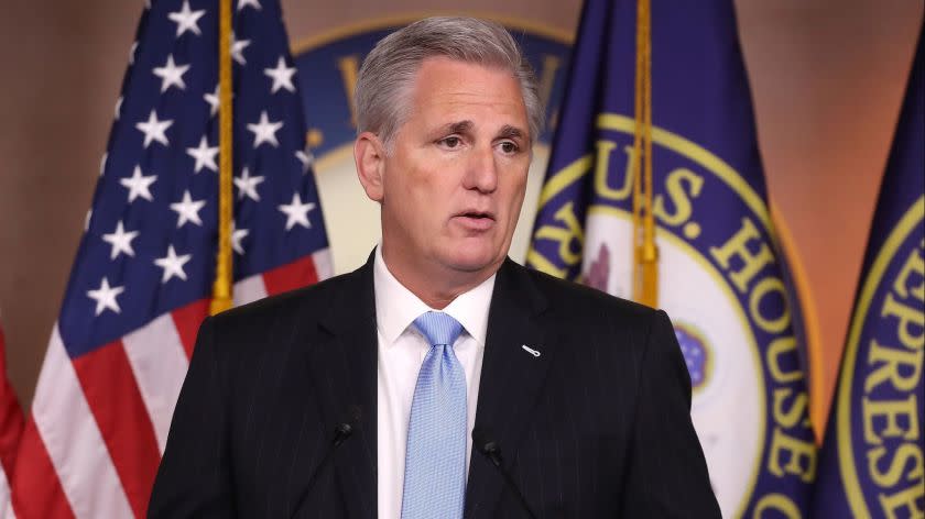 WASHINGTON, DC - MAY 23: House Minority Leader Kevin McCarthy (R) speaks during his weekly news conference on Capitol Hill, May 23, 2019 in Washington, DC. McCarthy spoke about the Democrats and their efforts to impeach President Donald Trump. (Photo by Mark Wilson/Getty Images) ** OUTS - ELSENT, FPG, CM - OUTS * NM, PH, VA if sourced by CT, LA or MoD **