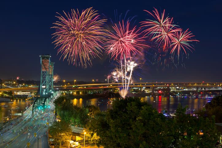 <p><strong>Portland, Oregon</strong></p><p>Enjoy the 4th of July with fireworks along Portland’s <a href="https://www.travelportland.com/events/waterfront-blues-festival/" rel="nofollow noopener" target="_blank" data-ylk="slk:Willamette River" class="link ">Willamette River</a>. View the waterfront display above the downtown city skyline and Hawthorne Bridge.</p>