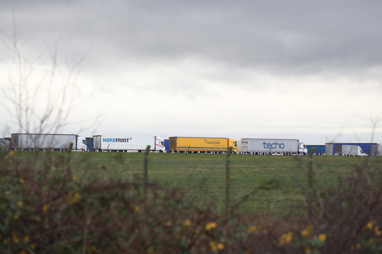 Freight lorry lined up on the runway at Manston Airport, Kent, after France imposed a 48-hour ban on entry from the UK in the wake of concerns over the spread of a new strain of coronavirus. (Photo by Andrew Matthews/PA Images via Getty Images)