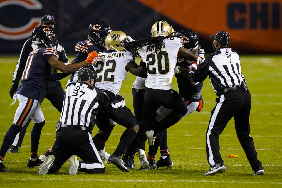 Chicago Bears wide receiver Javon Wims and New Orleans Saints cornerback Janoris Jenkins (20) fight in the second half of an NFL football game against the New Orleans Saints in Chicago, Sunday, Nov. 1, 2020. Wims was called for unnecessary roughness and was ejected from the game. (AP Photo/Nam Y. Huh)