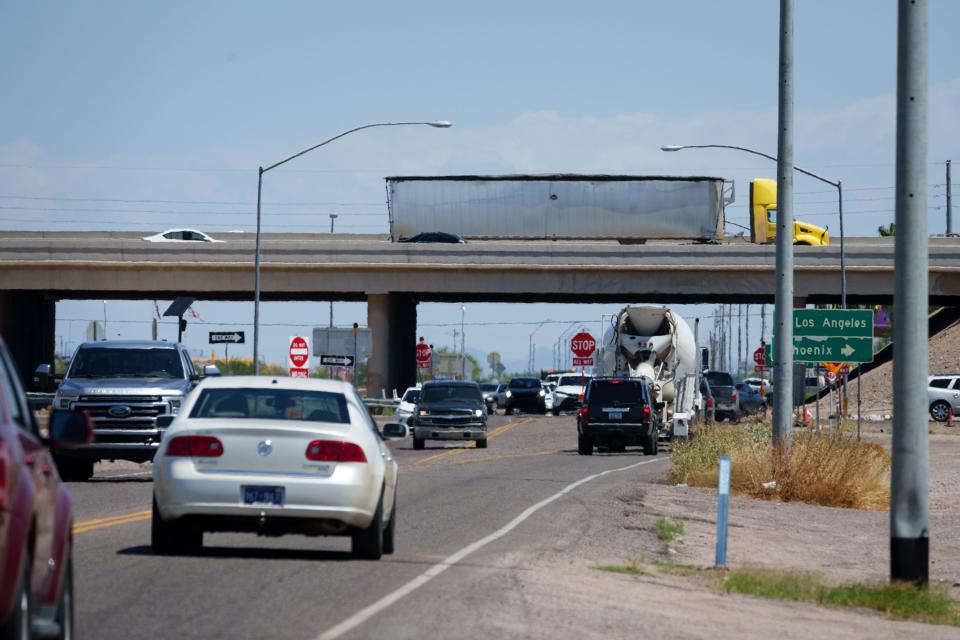 Traffic at the intersection of South Jackrabbit Trail and I-10 on June 2, 2023, in Buckeye, Ariz.
