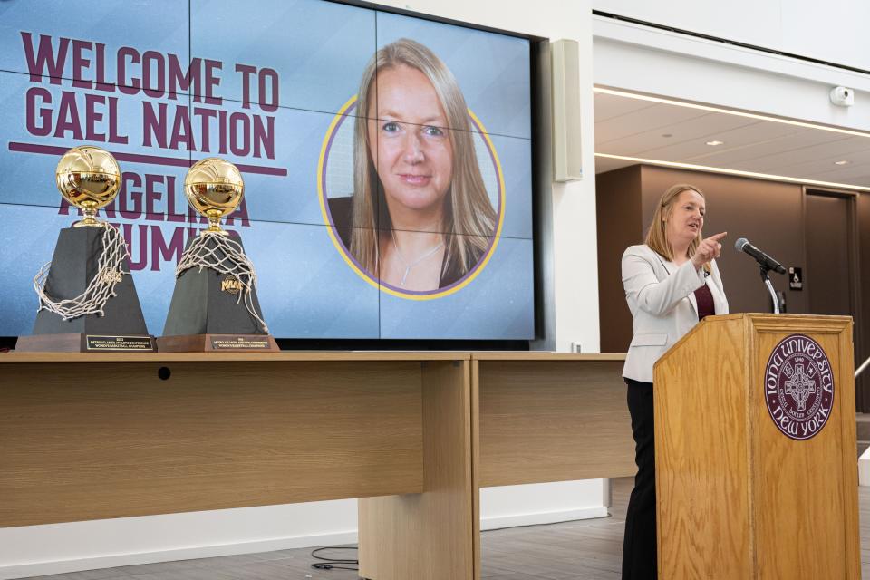 Iona's new women's basketball coach Angelika Szumilo addresses the crowd at an introductory press conference at Iona University on Monday, April 24, 2023.