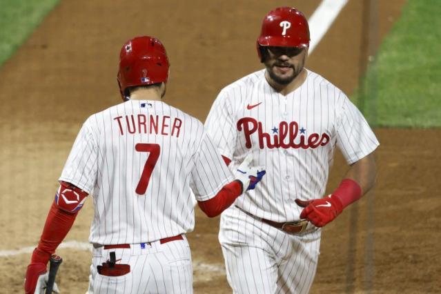 Kyle Schwarber of the Philadelphia Phillies celebrates his home