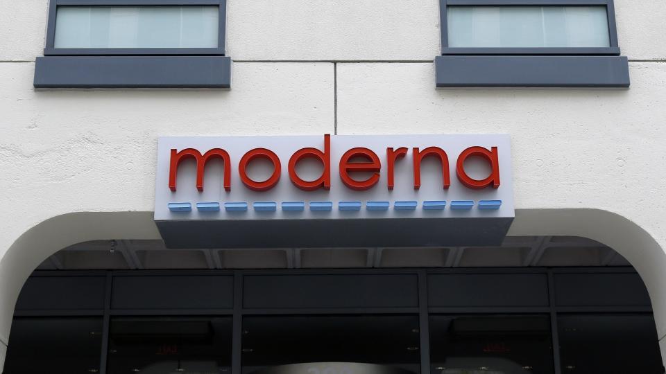 FILE - A sign marks an entrance to a Moderna building in Cambridge, Mass., on Monday, May 18, 2020. Shares of Merck and Moderna jumped early Tuesday, Dec. 13, 2022, after the drugmakers said a potential skin cancer vaccine they are developing using the same technology behind COVID-19 preventive shots did well in a mid-stage study. (AP Photo/Bill Sikes, File)