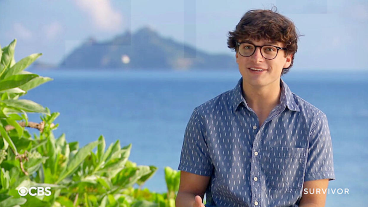  Carson Garrett is interviewed during an episode of Survivor 44. 