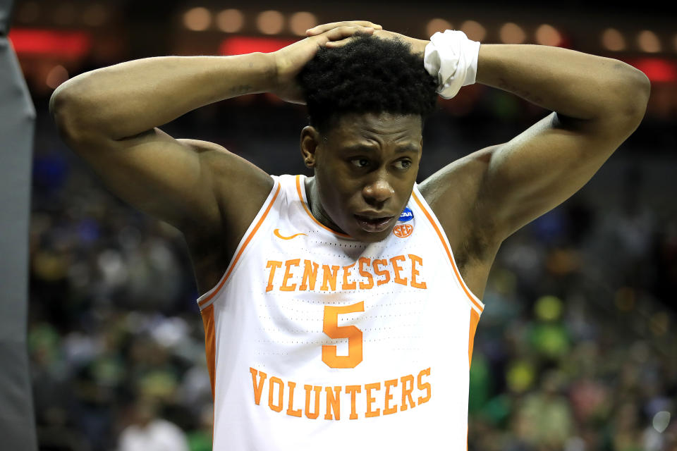 <p>Admiral Schofield #5 of the Tennessee Volunteers reacts after losing to the Purdue Boilermakers in overtime of the 2019 NCAA Men’s Basketball Tournament South Regional at the KFC YUM! Center on March 28, 2019 in Louisville, Kentucky. (Photo by Andy Lyons/Getty Images) </p>