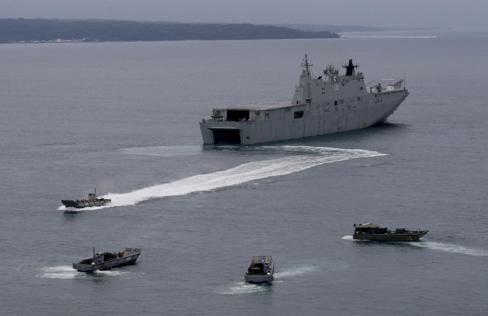 The Royal Australian Navy HMAS Adelaide dislodges landing crafts with Philippine Marines and Australian troops as they conduct a joint Humanitarian Aid and Disaster Relief exercise in 2017. Source: AAP