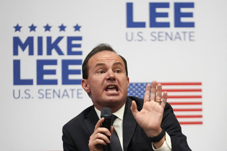 FILE- Utah Republican Sen. Mike Lee speaks during a campaign event on Thursday, Oct. 27, 2022, in Draper, Utah. Tech companies and Democratic Party-aligned groups are among those funneling millions into Utah to support McMullin's bid to unseat Lee. (AP Photo/Rick Bowmer)