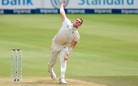 South Africa's Anrich Nortje delivers a ball to England's Dom Sibley during the first day of the fourth Test cricket match between South Africa and England at the Wanderers Stadium in Johannesburg on January 24, 2020 - Credit: AFP