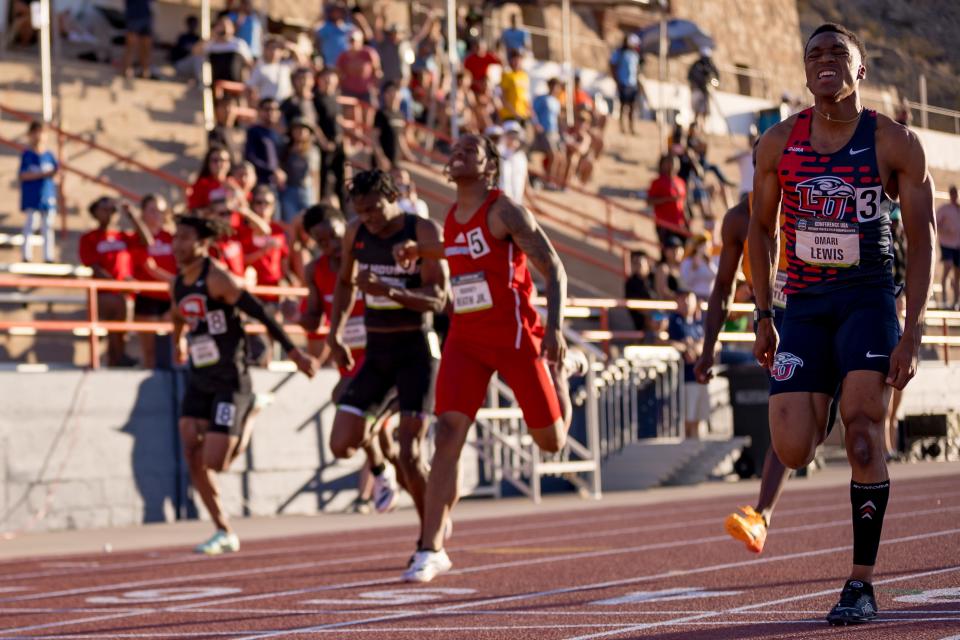 Omari Lewis of Libery competes in the men's 100 meter run during day 3 of Conference USA track and field championships at the Kidd Field at UTEP on Sunday, May 12, 2024.