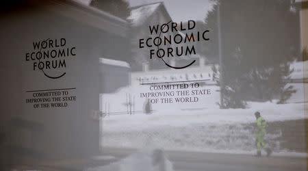 The logo of the World Economic Forum (WEF) is seen the congress centre in the Swiss mountain resort of Davos, Switzerland, January 11, 2018 REUTERS/Arnd Wiegmann