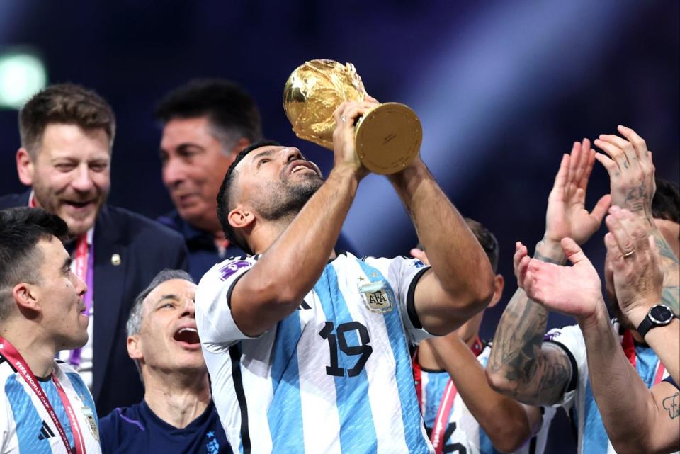 Aguero joined the celebrations as Argentina won the World Cup  (Getty Images)
