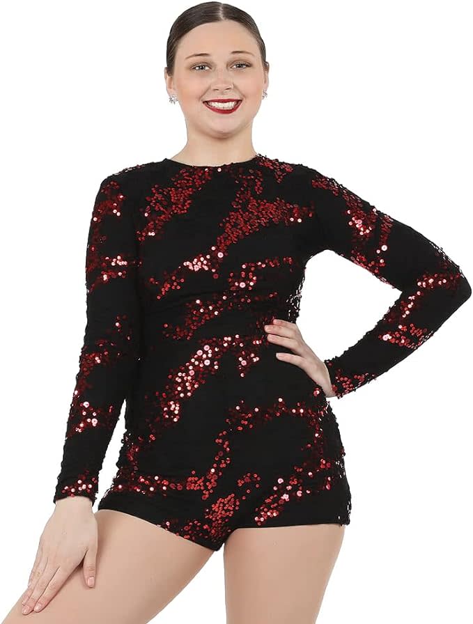 black and red long sleeve unitard on model