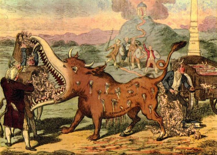 Cartoon of children being fed to a disease-ridden cow creature, representing vaccination.