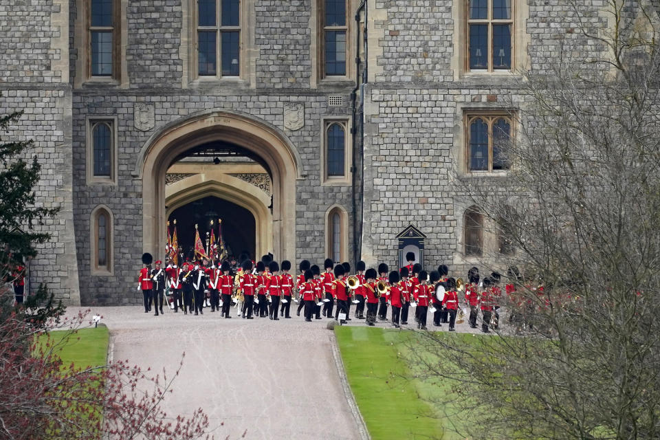 A military band leaves Windsor Castle after taking part in a rehearsal ahead of Prince Philip, Duke of Edinburgh's funeral