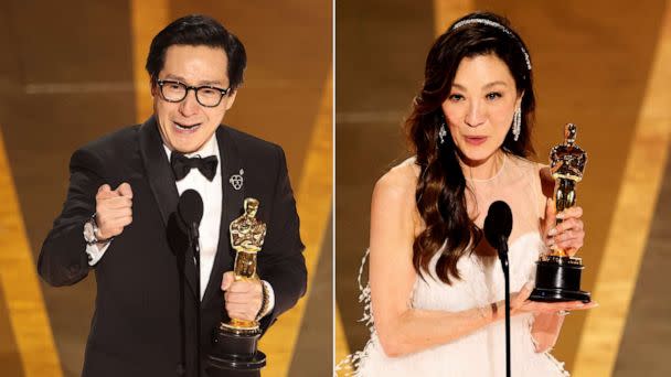 PHOTO: Ke Huy Quan and Michelle Yeoh accept their Oscars at the 95th Annual Academy Awards in Los Angeles, Mar. 12, 2023. (Rich Polk/Variety via Getty Images)