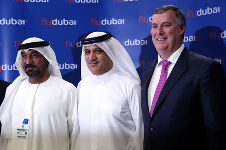 Flydubai and Emirates Chairman Sheikh Ahmed bin Saeed al-Maktoum and Boeing Commercial Airplanes President & Chief Executive Kevin McAllister attend a news conference at the Dubai Airshow in Dubai, UAE November 15, 2017. REUTERS/Satish Kumar