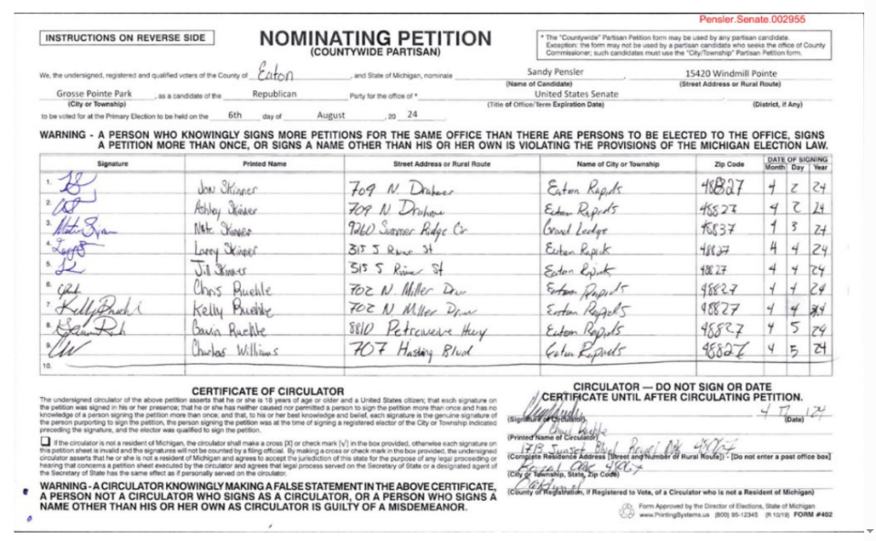 Nominating petition sheet for Sandy Pensler, submitted by MDP as an example in the complaint to the Board of Canvassers. (Image/Michigan Democratic Party)