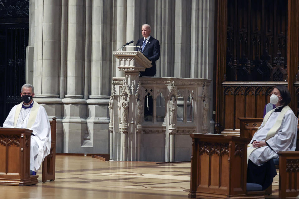 President Joe Biden attends the funeral service for former Virginia Sen. John Warner at the Washington National Cathedral, Wednesday, June 23, 2021, in Washington. (Oliver Contreras/Pool via AP)