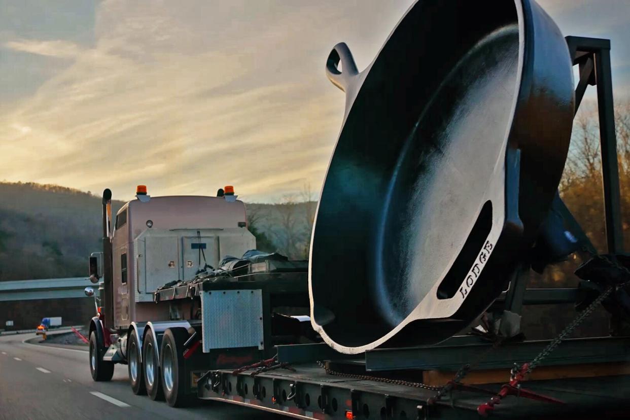 Giant Lodge cast iron skillet on a truck