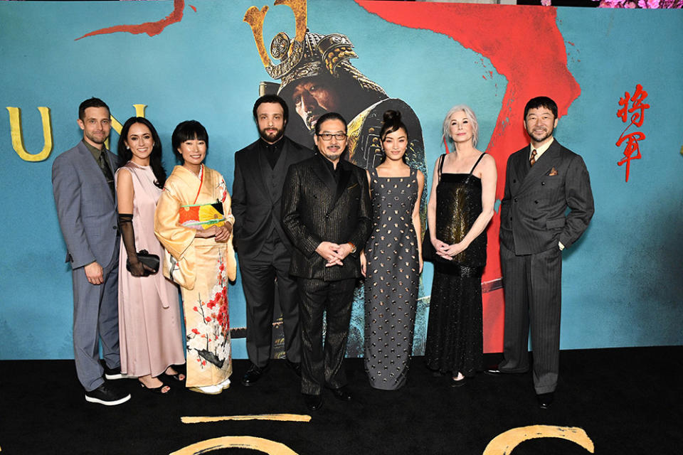 Justin Marks, Rachel Kondo, Eriko Miyagawa, Cosmo Jarvis, Hiroyuki Sanada, Anna Sawai, Michaela Clavell and Tadanobu Asano arrive at the Los Angeles Premiere of FX's "SHOGUN" at the Academy Museum of Motion Pictures on February 13, 2024 in Los Angeles, California.