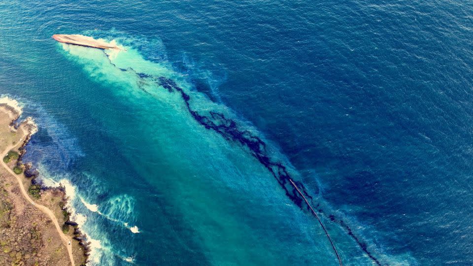 An oil spill in Tobago Island, Trinidad and Tobago, is seen in this handout photo released February 10, 2024 - Office of the Chief Secretary/Reuters