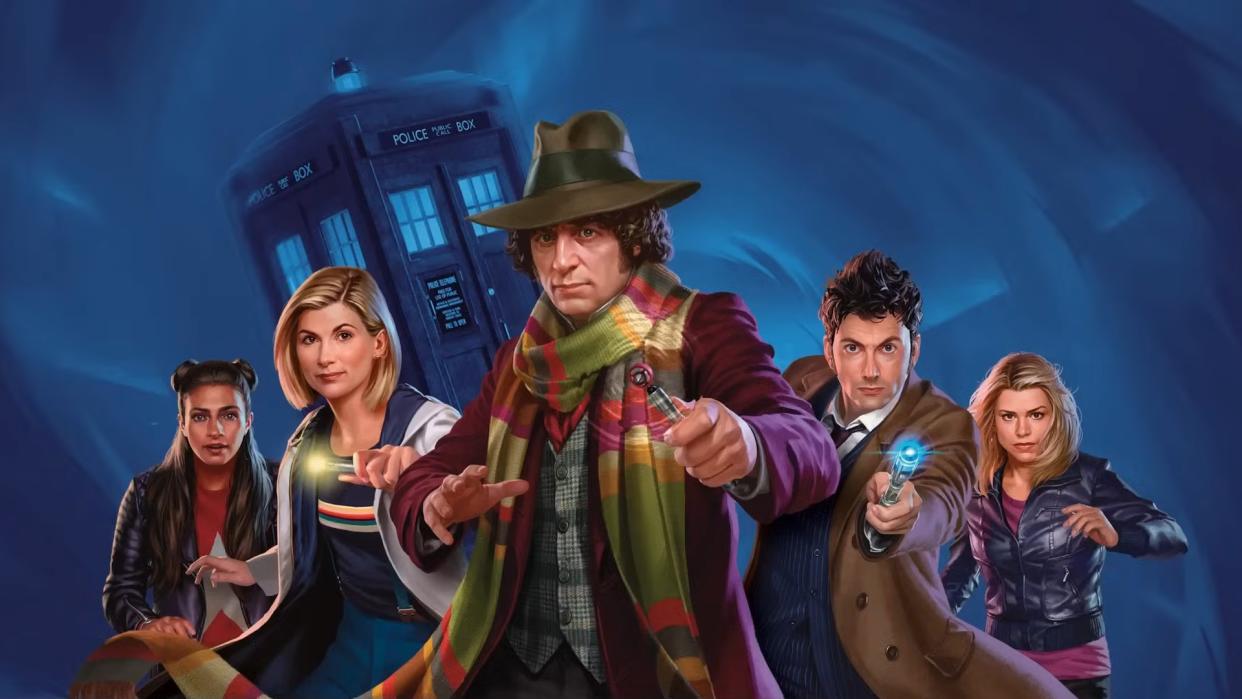  Three Doctors and two companions in front of the TARDIS. 