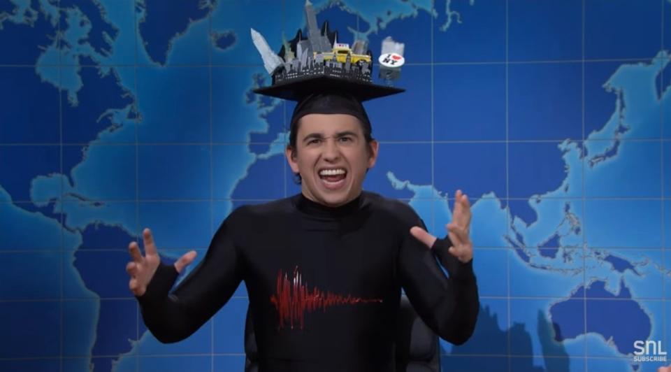 SNL cast member Marcello Hernández appeared as Friday’s earthquake on the show’s Weekend Update. YouTube/SNL