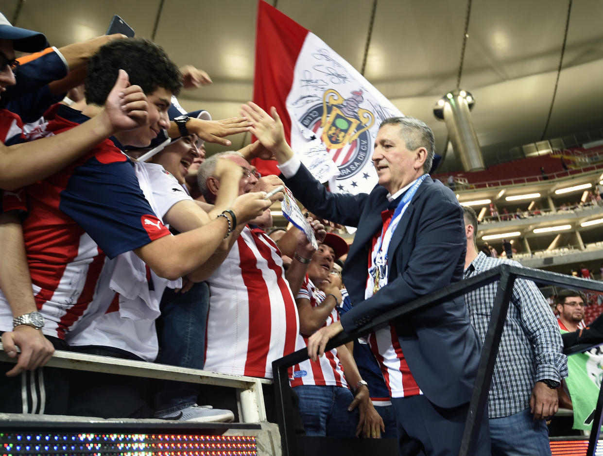 Guadalajara owner Jorge Vergara celebrates their victory against Tigres during the final match of the Mexican Clausura 2017 football tournament, at the Chivas stadium in Guadalajara, Mexico, May 28, 2017. / AFP PHOTO / ALFREDO ESTRELLA        (Photo credit should read ALFREDO ESTRELLA/AFP/Getty Images)