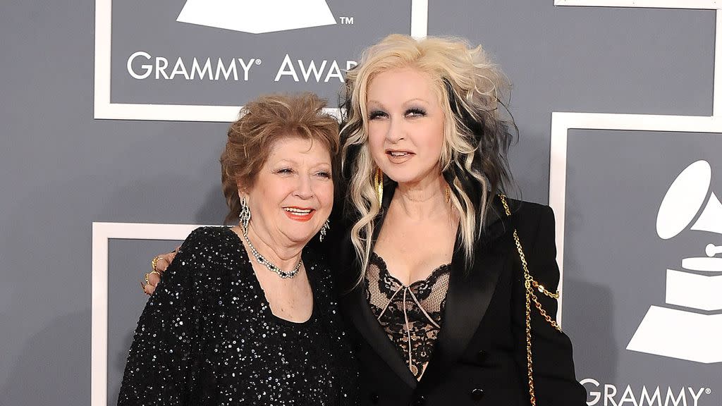 Catrine Dominique and Cyndi Lauper arrives at The 54th Annual GRAMMY Awards at Staples Center on February 12, 2012 in Los Angeles, California.