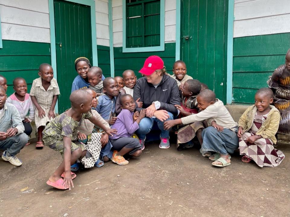 Jackie Jaramillo with students at the new school in Congo she and Dan Torsiello funded.