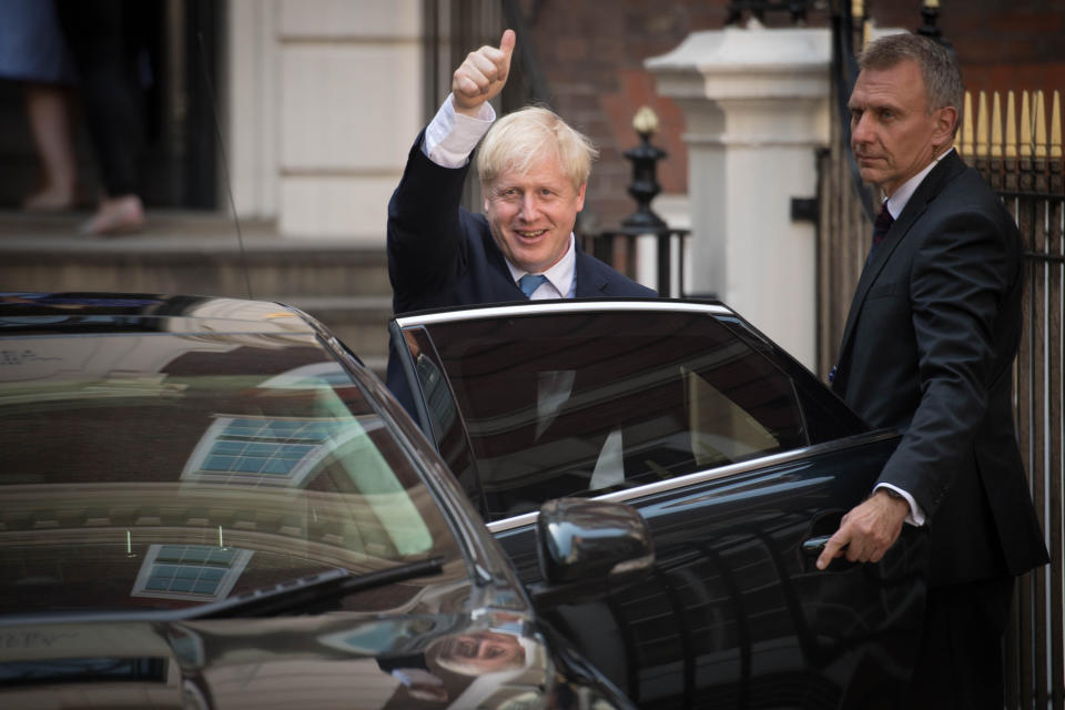 Newly elected leader of the Conservative party Boris Johnson leaves Conservative party HQ in Westminster, London, after it was announced that he had won the leadership ballot and will become the next Prime Minister.