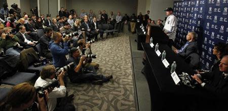 Dec 5, 2013; Bronx, NY, USA; New York Yankees introduce new catcher Brian McCann during a press conference at Yankees Stadium. Noah K. Murray-USA TODAY Sports