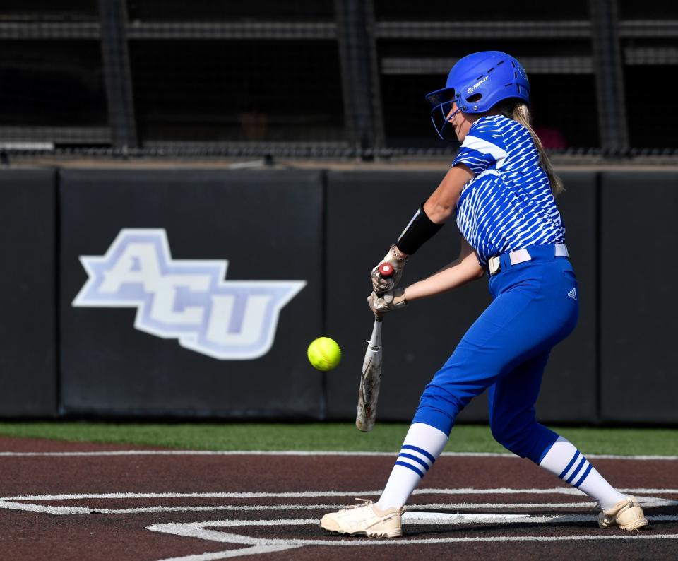 Stamford’s Cassidi Macias swings for the ball during Thursday’s softball playoff against Forsan at Abilene Christian University.