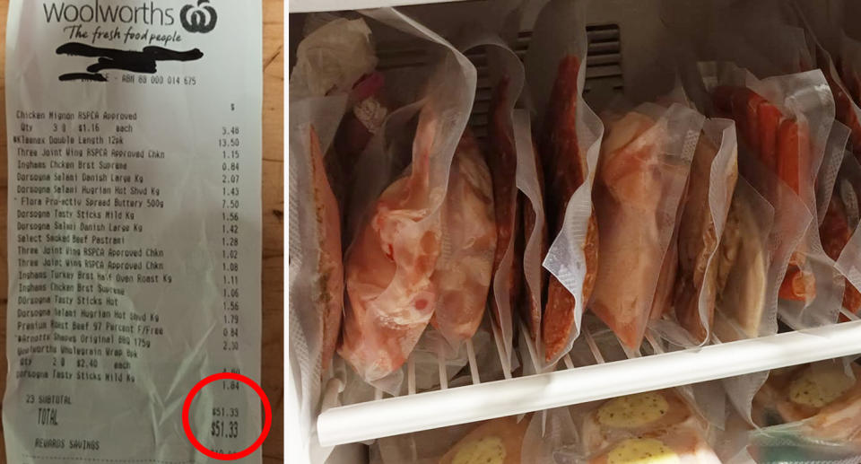 Left: A Woolworths receipt for items valued to $51. Right: Vacuum sealed deli items in a freezer. 