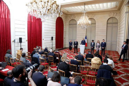 French Prime Minister Edouard Philippe (3rdL) announces the French government's official decision to abandon the Grand Ouest Airport (AGO) project in Notre-Dame-des-Landes following the weekly cabinet meeting at the Elysee Palace in Paris, France, January 17, 2018. REUTERS/Charles Platiau